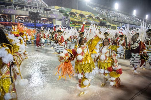 Rio de Janeiro, Brasil-  February 29, 2020: Samba Parade at the 2020 Carnival,Champions Parade, Sambodromo. It's raining