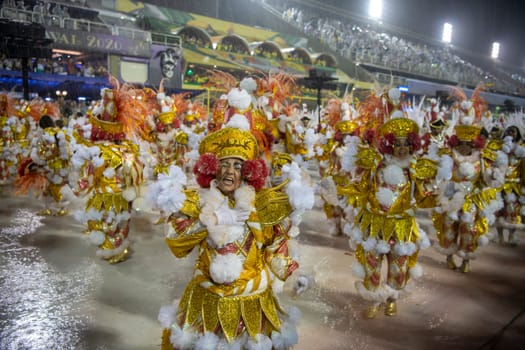 Rio de Janeiro, Brasil-  February 29, 2020: Samba Parade at the 2020 Carnival,Champions Parade, Sambodromo. It's raining