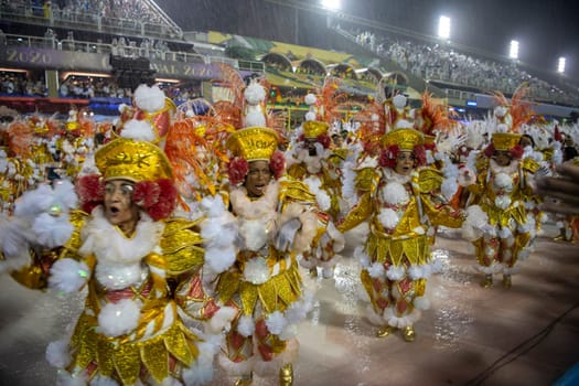 Rio de Janeiro, Brasil-  February 29, 2020: Samba Parade at the 2020 Carnival,Champions Parade, Sambodromo. It's raining