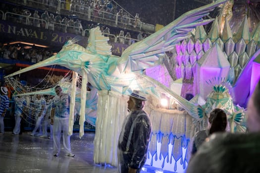 Rio de Janeiro, Brasil-  February 29, 2020: Samba Parade at the 2020 Carnival, Champions Parade, Sambodromo. It's raining