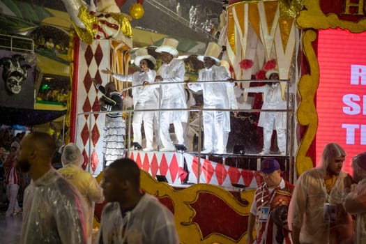 Rio de Janeiro, Brasil-  February 29, 2020: Samba Parade at the 2020 Carnival, Champions Parade, Sambodromo. It's raining