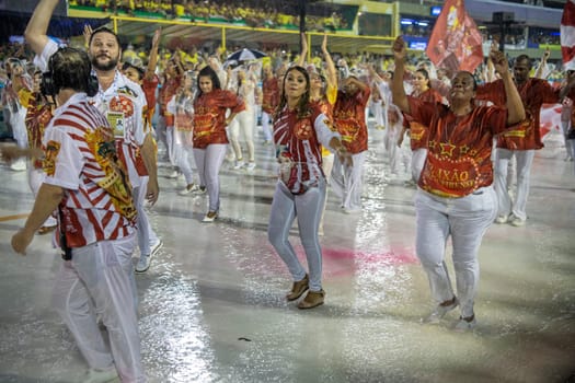 Rio de Janeiro, Brasil-  February 29, 2020: Samba Parade at the 2020 Carnival, Champions Parade, Sambodromo. It's raining