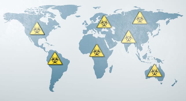 World Map with Many Pandemic Symbol Warning Triangle 3D Render Illustration, Global Pandemic Spred Concept