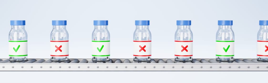 Medicine Bottles on Conveyor Belt Roller on Light Blue Background 3D Render Illustration, Quality Check Concept