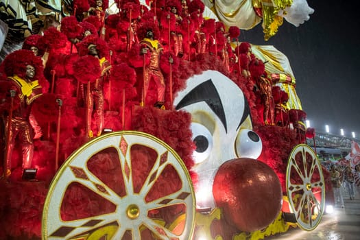 Rio de Janeiro, Brasil-  February 29, 2020: Samba Parade at the 2020 Carnival, Champions Parade, Sambodromo. It's raining