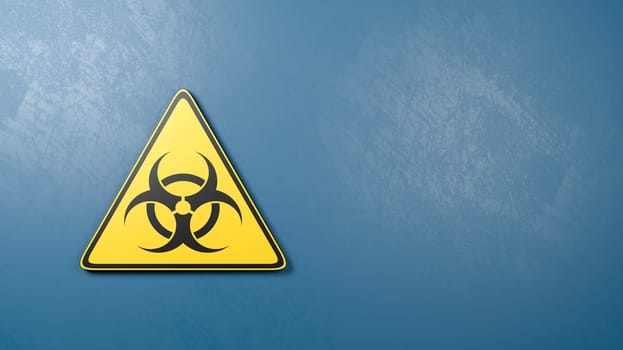Black and Yellow Pandemic Symbol Warning Triangle Against a Blue Plastered Wall with Copy Space 3D Render Illustration