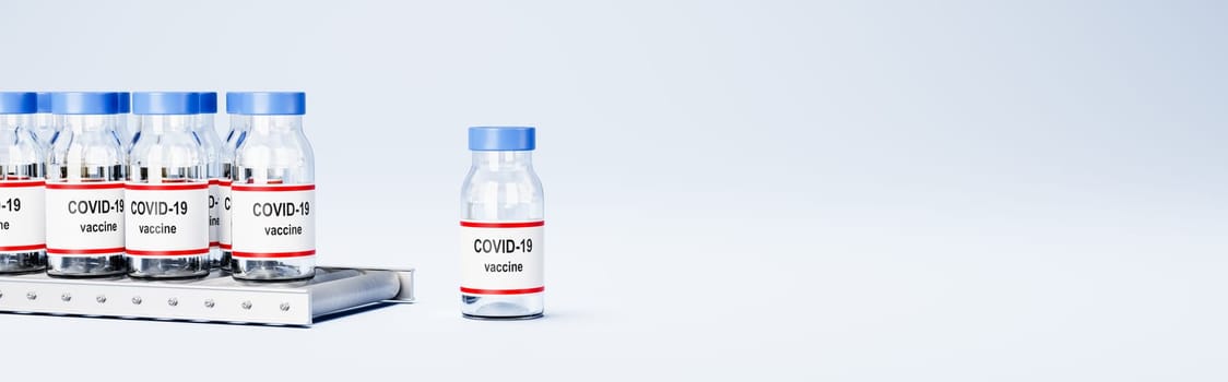 Many Covid 19 Vaccine Bottles on Conveyor Belt Roller on Light Blue Background with Copy Space 3D Render Illustration, Vaccine Production and Availability Concept