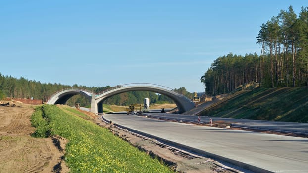 Construction of a green bridge for the crossing of the motorway by animals on the new A14 motorway near the village of Dolle in Germany