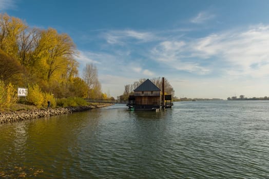 historic rhine river ship mill ginsheim, Hesse, Germany