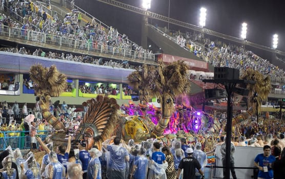 Rio de Janeiro, Brasil-  February 29, 2020: Samba Parade at the 2020 Carnival, Champions Parade, Sambodromo. It's raining