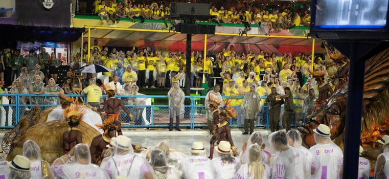 Rio de Janeiro, Brasil-  February 29, 2020: Samba Parade at the 2020 Carnival, Champions Parade, Sambodromo. It's raining