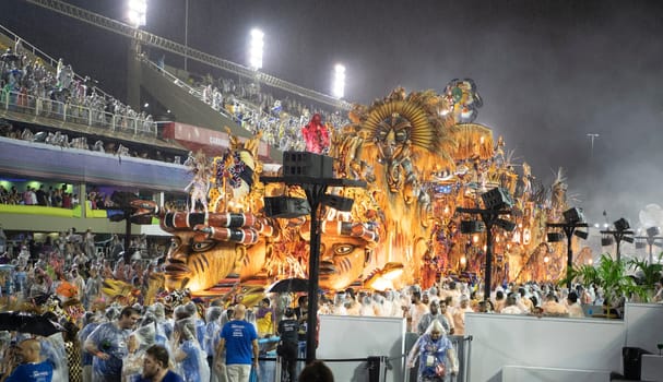 Rio de Janeiro, Brasil-  February 29, 2020: Samba Parade at the 2020 Carnival, Champions Parade, Sambodromo. It's raining