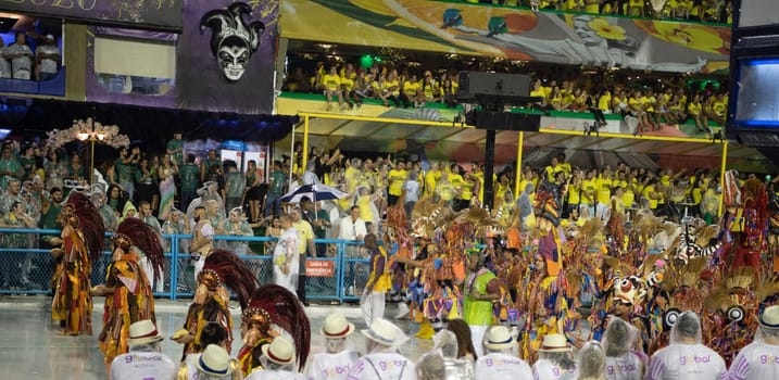 Rio de Janeiro, Brasil-  February 29, 2020: Samba Parade at the 2020 Carnival, Champions Parade, Sambodromo. It's raining