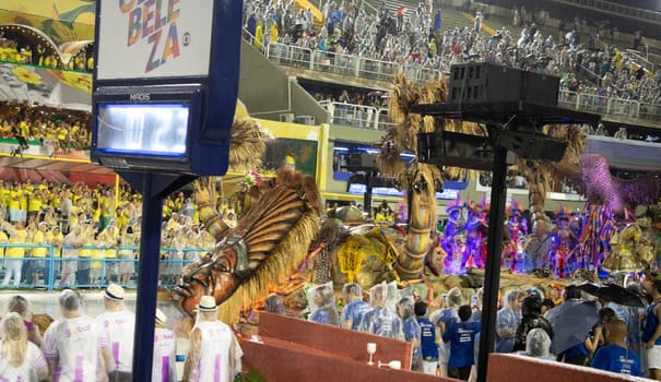 Rio de Janeiro, Brasil-  February 29, 2020: Samba Parade at the 2020 Carnival, Champions Parade, Sambodromo. It's raining