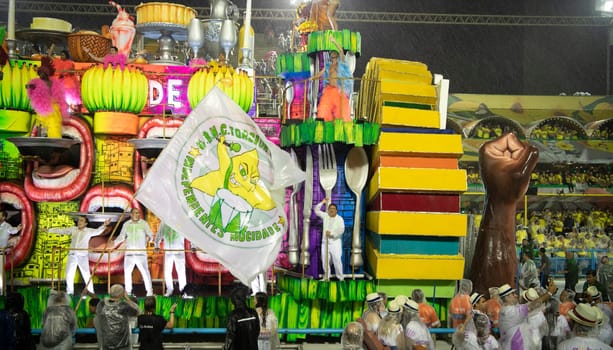 Rio de Janeiro, Brasil-  February 29, 2020: Samba Parade at the 2020 Carnival, Champions Parade, Sambodromo. It's raining