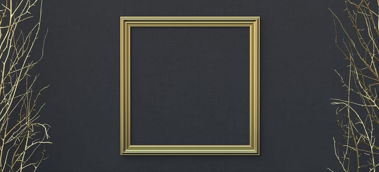 Abstract background golden picture frame and branches 3D render illustration on black background