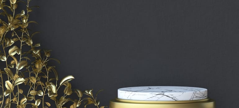 Abstract background marble podium with golden leaves 3D render illustration on black background