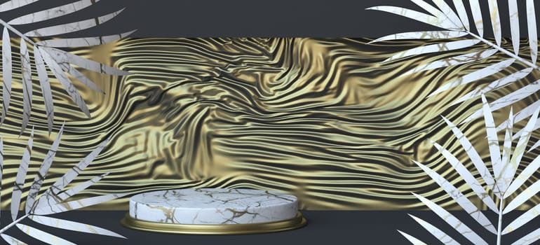 Abstract background with wrinkly golden black curtain and white tropical foliage 3D render illustration on black background