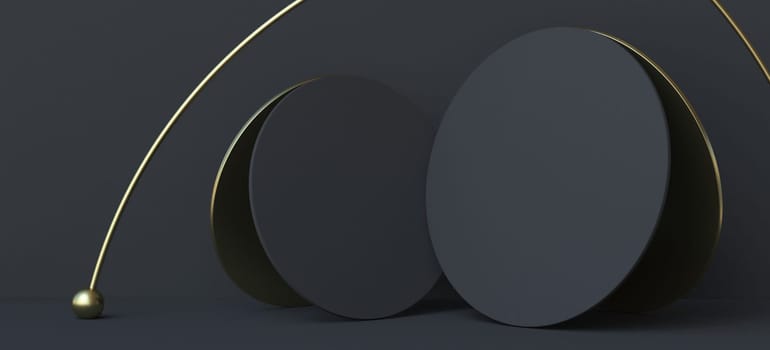 Abstract background black circles with golden arc 3D render illustration on black background