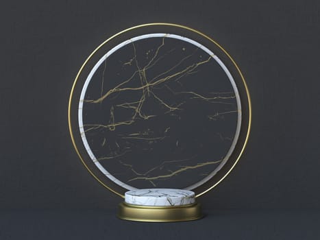 Abstract background circle frame and marble podium 3D render illustration on black background
