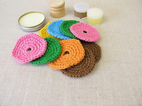 Crocheted, reusable, washable cosmetic pads made of wool for face cleansing