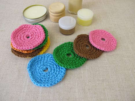 Crocheted, reusable, washable cosmetic pads made of wool for face cleansing