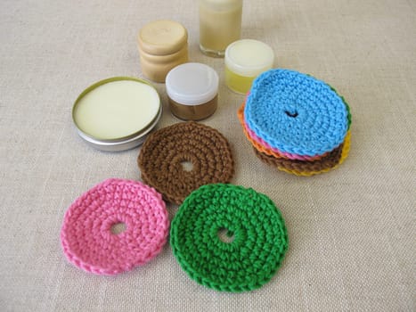 Crocheted, reusable, washable cosmetic pads made of wool for face cleansing