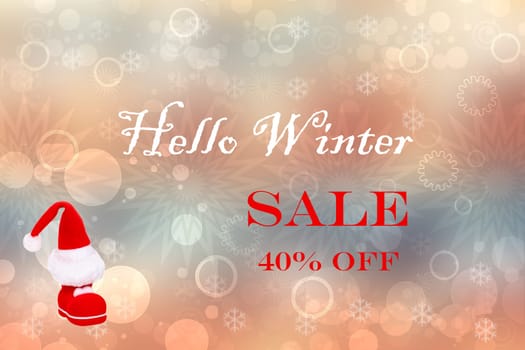 Hello winter sales with discounts of 40% OFF. Texture with santa claus boots and lettering on abstract background. Card, flyer, banner and promotion concept.