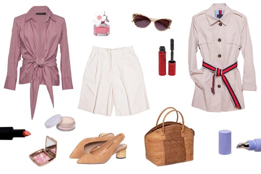 Collage woman clothes. Set of luxurious and stylish elegant female trendy bright trench coat, a blouse or shirt, a handbag, a short pants, shoes and other accessories isolated on a white background. Latest fashion trends.
