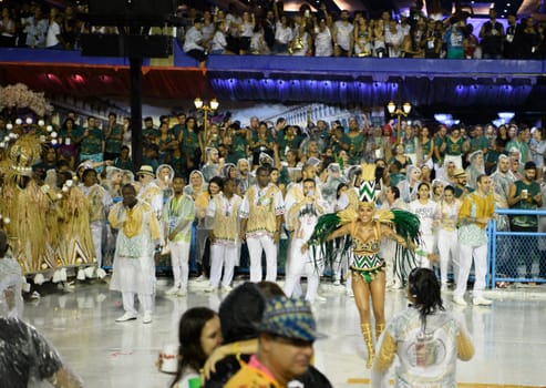 Rio de Janeiro, Brasil-  February 29, 2020: Samba Parade at the 2020 Carnival, Champions Parade, Sambodromo. It's raining