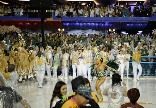 Rio de Janeiro, Brasil-  February 29, 2020: Samba Parade at the 2020 Carnival, Champions Parade, Sambodromo. It's raining
