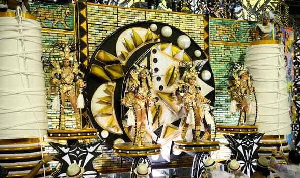 Rio de Janeiro, Brasil-  February 29, 2020: Samba Parade at the 2020 Carnival, Champions Parade, Sambodromo. It's raining