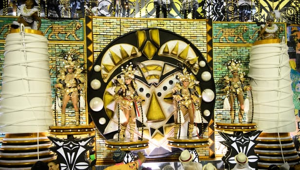 Rio de Janeiro, Brasil-  February 29, 2020: Samba Parade at the 2020 Carnival, Champions Parade, Sambodromo. It's raining