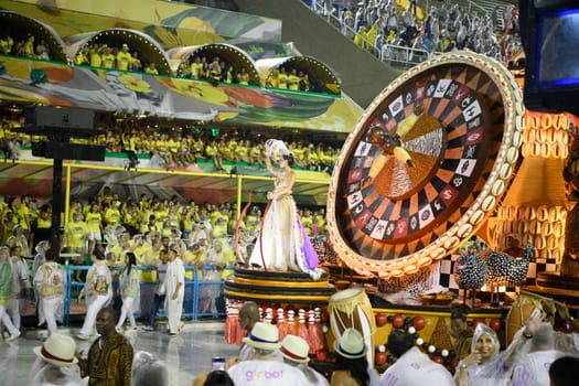 Rio de Janeiro, Brasil-  February 29, 2020: Samba Parade at the 2020 Carnival, Champions Parade, Sambodromo. It's raining