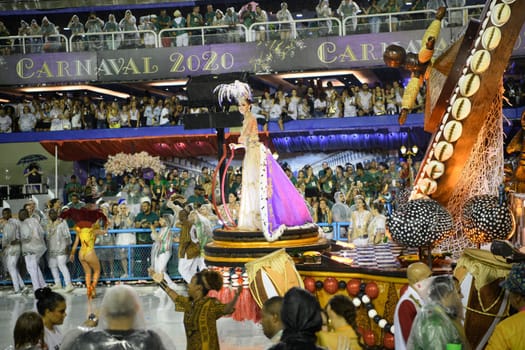 Rio de Janeiro, Brasil-  February 29, 2020: Samba Parade at the 2020 Carnival, Champions Parade, Sambodromo. It's raining