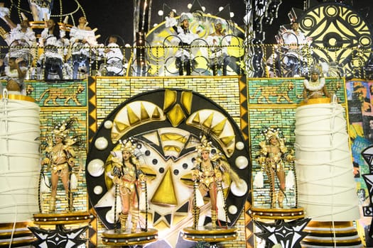 Rio de Janeiro, Brasil-  February 29, 2020: Samba Parade at the 2020 Carnival, Champions Parade, Sambodromo. It's raining