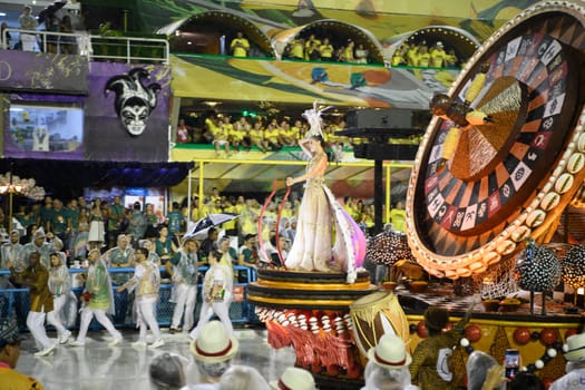 Rio de Janeiro, Brasil-  February 29, 2020: Samba Parade at the 2020 Carnival, Champions Parade, Sambodromo. It's raining