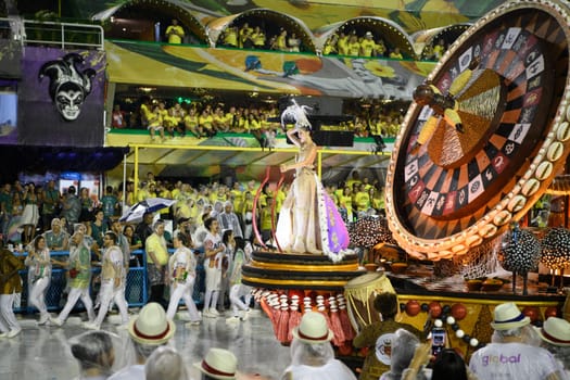 Rio de Janeiro, Brasil-  February 29, 2020: Samba Parade at the 2020 Carnival, Champions Parade, Sambodromo. It's raining
