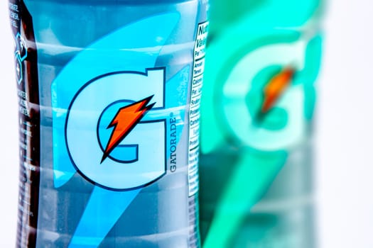 Calgary, Alberta, Canada. Nov. 16, 2020. Close up to a Gatorade Sport Drink logo plastic bottle.