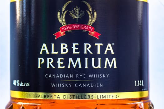 Calgary, Alberta, Canada. Nov. 16, 2020. Alberta Premium Canadian Rye Whiskey close up to a bottle.