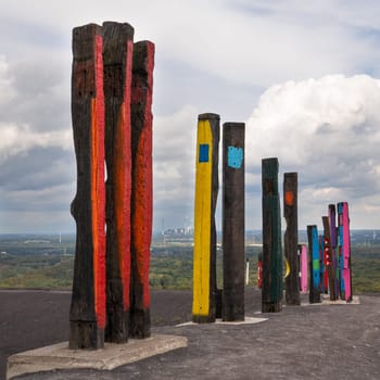 BOTTROP, GERMANY - DECEMBER 10, 2020: Totems on Haniel tip, landmark of Ruhr Metropolis against sky on December 10, 2020 in Bottrop, Germany