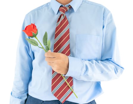 Close up photo of man holding with red rose on white background