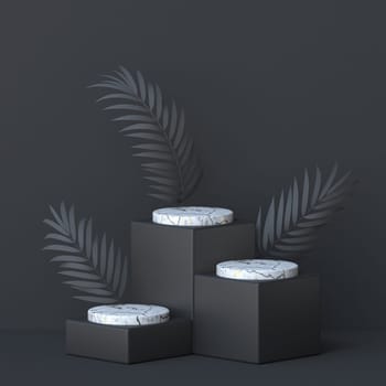 Abstract background three palm leafs and white marble cylinder 3D render illustration on black background