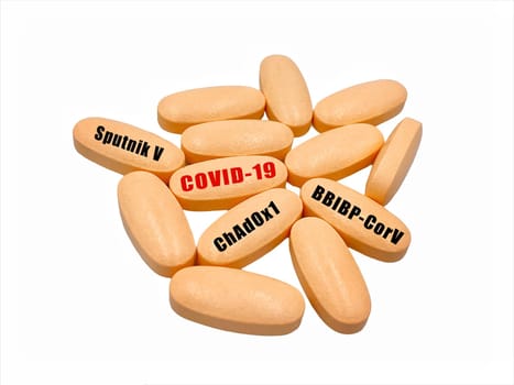 COVID-19 text and pills on white  background. Covid-19 or Coronavirus Concept