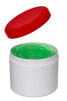 Closeup of a opened white plastic jar or container for cosmetic gel or cream with a red cap isolated on a white background. Empty space. Macro.