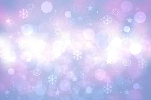Abstract blurred festive light blue pink winter christmas or Happy New Year background with shiny blue and white bokeh lighted snowflakes and stars. Space for your design. Card concept.