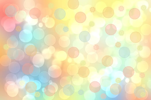 Abstract blurred fresh vivid spring summer light delicate pastel yellow pink orange turquoise bokeh background texture with bright circular soft color lights. Beautiful backdrop illustration.