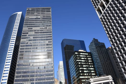 The skyline of skyscrapers in the Financial District in Manhattan,New York.