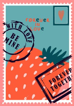 romantic postage stamps. envelopes and cards for valentine's day. Top-down view. Modern vector illustration for web design and print. Retro stamps. Correspondence and postal delivery concept.