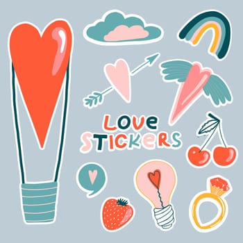 Love stickers. Signs, symbols, items and templates for planners, wedding invitations, notebooks, diaries, and Valentine's Day cards.
